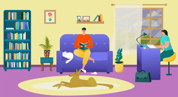 Een paar mannen thuis, mannen vrouwen met laptop vector illustratie. Flat man vrouw op cartoon kamer, jong gelukkig gezin — Stockvector