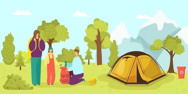 Tienda de campaña en el bosque, familia en el verano ilustración vector de la naturaleza. Actividad turística plana en vacaciones. Dibujos animados aventura ocio. — Vector de stock