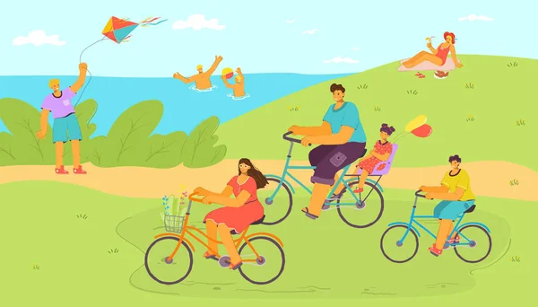 Paseo en bicicleta de vacaciones en la naturaleza de dibujos animados con agua, la familia en la ilustración vector de vacaciones. Gente hombre mujer viajes, viaje al aire libre. — Vector de stock