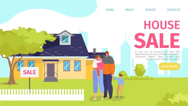 Home property sale, family near house building vector illustration. Flat real estate purchase, cartoon banner with people character.