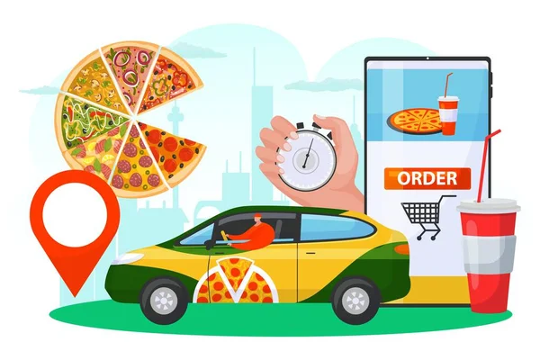 Pedido de pizza de alimentos, hombre cerca de gran smartphone servicio de entrega rápida ilustración vectorial. Diseño plano de la entrega del negocio, mensajero — Archivo Imágenes Vectoriales