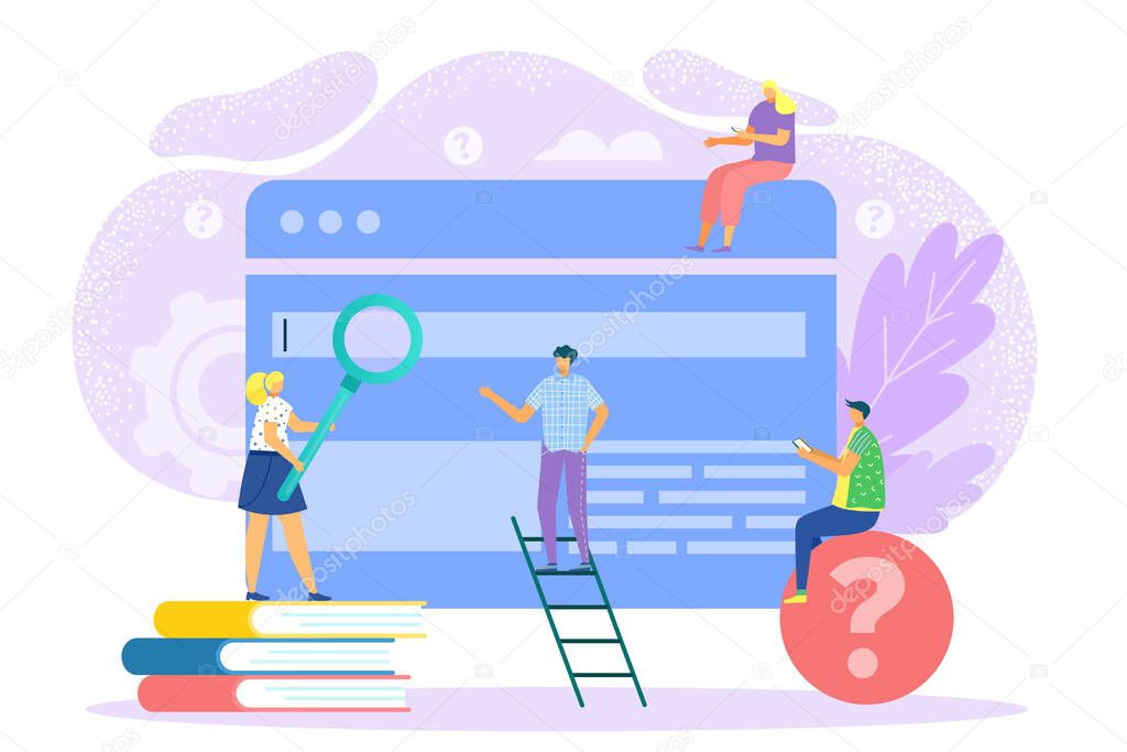 Search in flat internet, vector illustration. Web seo business technology, man woman near computer graphic data concept.