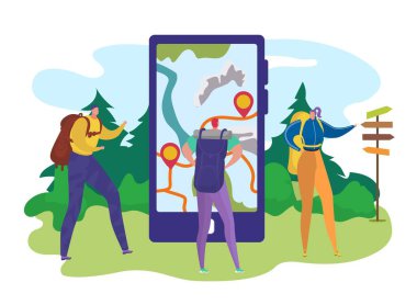 Turist akıllı telefonunda seyahat haritası, vektör çizimi. Sırt çantalı erkek karakter yürüyüşü, telefonlu çizgi film turizmi..