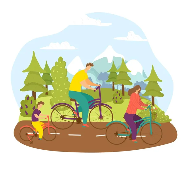 Família no passeio de bicicleta, esporte de bicicleta na ilustração de vetor de estrada de verão. Homem feliz mulher pessoas saudáveis estilo de vida, ciclista ativo —  Vetores de Stock