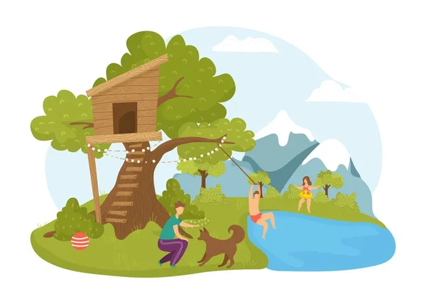 Actividad de los niños en la casa del árbol, ilustración vectorial naturaleza verano. Niño niña personaje en dibujos animados feliz infancia en el paisaje. — Vector de stock