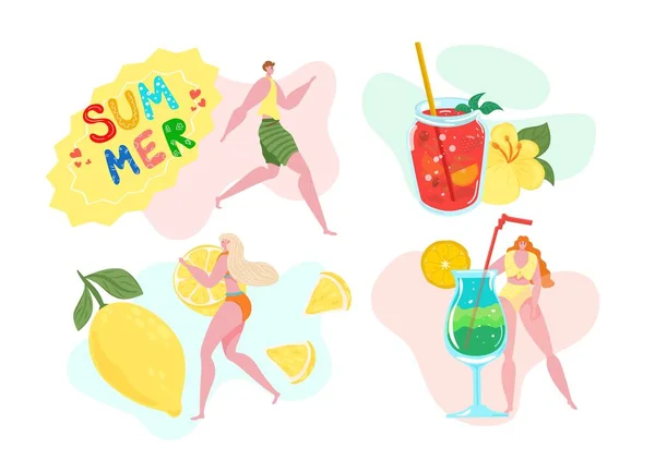 Bandeira de verão tropical, ilustração vetorial. Mulher plana na festa de coquetel de praia, as pessoas bebem água de frutas no conceito de férias . — Vetor de Stock