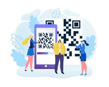 Akıllı telefon teknolojisinde mobil tarama için dijital QR kodu, vektör illüstrasyonu. Düz tarama çevrimiçi, kadın adam telefon uygulamasında.