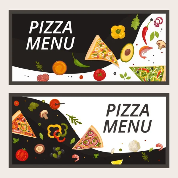 Pizza menu voor pizzeria restaurant, cartoon banner vector illustratie. Italiaanse banner set, pepperoni en pizza flyer met kaas. — Stockvector