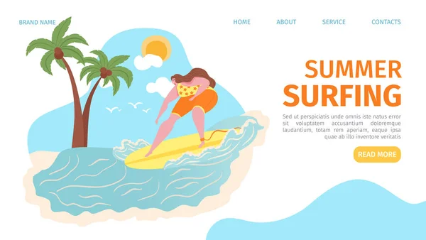 Desporto de onda de verão, mulher na praia surfar ilustração vetor. Ocean surf férias, viajar no mar por bordo landing banner página . — Vetor de Stock