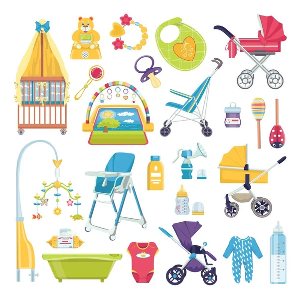 Baby care objects, newborn accessories vector illustrations set. Cute scrapbook for girl with baby elements. Infant bottle, pacifier, clothing. — Stock Vector