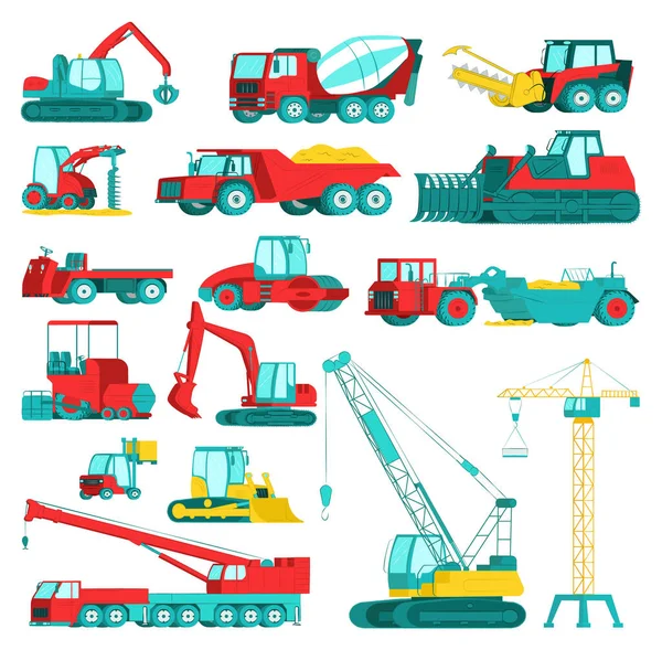 Építőipari berendezések, nehéz bányászati gépek, vektor illusztráció. Kotrógép, traktor, dömper, buldózer és rakodó, járművek. — Stock Vector