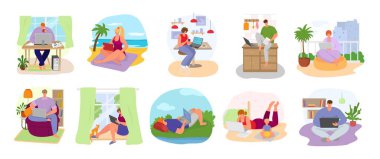 Vektör illüstrasyonunun serbest çalışma grubu. Ev bilgisayarında çalışan serbest çalışanlar. Tasarımcının uzak çalışması, programcı, yönetici.