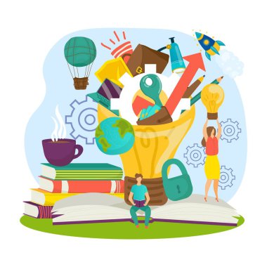 Eğitim, kitap bilgi ve etkili modern çalışma konseptidir, vektör illüstrasyonudur. Fikir ampulü ve kitap yığını. Okul konseptine dönelim..