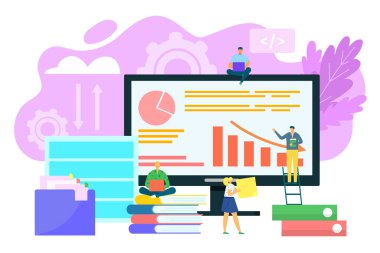 Veritabanı konsepti, büyük veri mimarisi, veri teknolojisi ve iş analitiği vektör illüstrasyonu. Bulut hesaplama, platform ve çözümler.