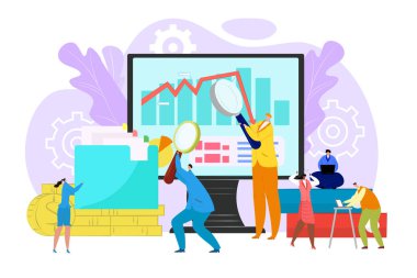 Denetçilerin mali denetim kavramı grafik ve grafik verilerini, mali raporunu, muhasebe vektör illüstrasyonunu analiz eder. Denetleniyor.