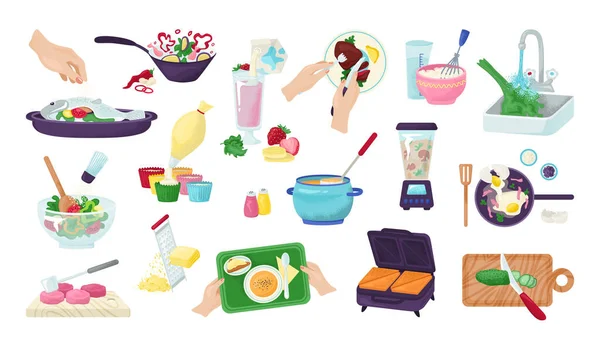 Élelmiszer-előkészítő készlet konyha főzés és étkezés előkészítő kéz, vektor illusztráció. Receptek élelmiszerrel és konyhai eszközökkel, edények. — Stock Vector