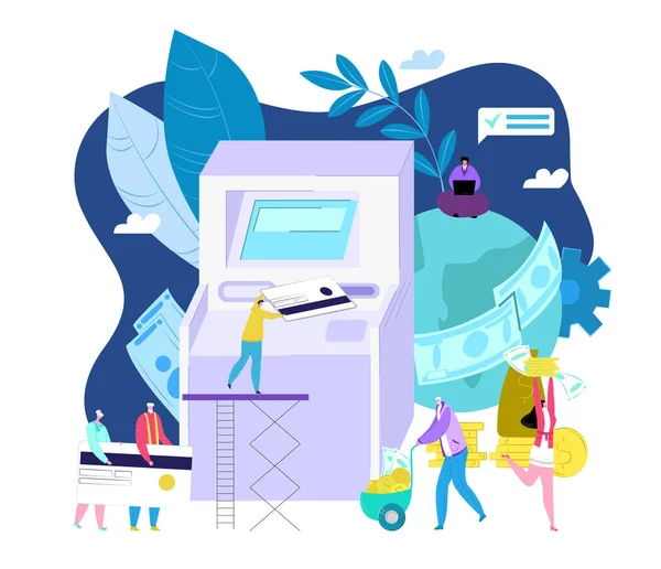 ATM banka ödeme konsepti, izole vektör çizimi. Minik insanların olduğu bir ATM makinesi, kredi kartı, nakit para. Otomatik teknoloji.