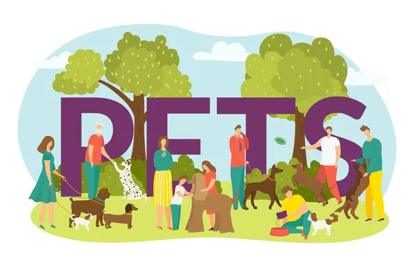 Propietarios felices con perros, lindos cachorros animales domésticos y letras mascotas vector ilustración aislado. Hombre y mujer caminando con perro. — Archivo Imágenes Vectoriales