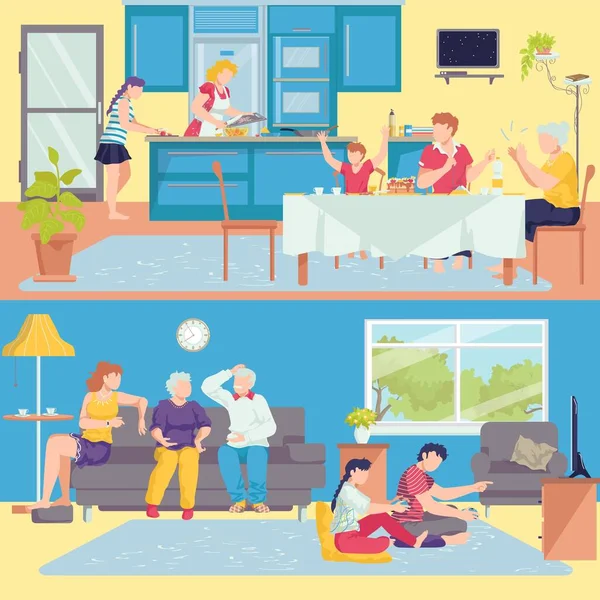 Familia en casa pancartas interiores conjunto de padres, abuelos e hijos en la habitación, ilustración vectorial cocina. Familia feliz juntos. — Archivo Imágenes Vectoriales