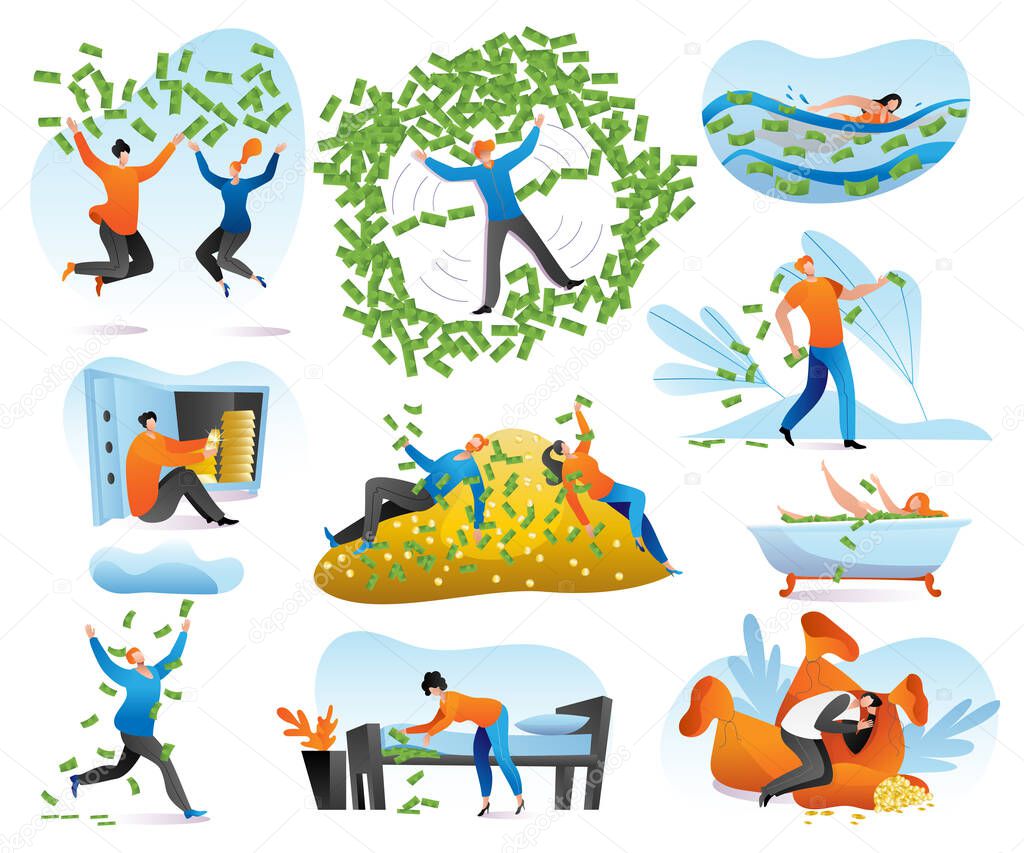 Rich people characters, wealth, businessman with money set of cartoon vector illustrations. Man bathing in money, happy millionaire.