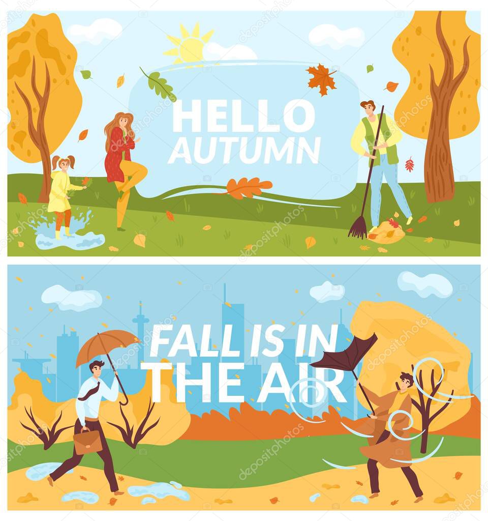 People in autumn park, fall season on nature, fun autumnal banners set, vector illusttration. Walking, jumping on puddle.
