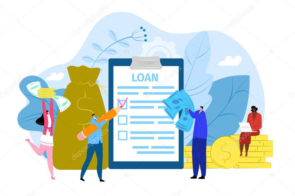 Bank loan contract concept, vector illustration. Agreement on paper document, tiny people with banking financial contracts and money.