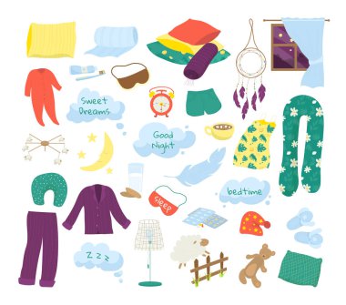 Uyku zamanı, uyku zamanı, beyaz vektör çizimlerinde izole edilmiş rüya simgeleri. Yastık, pijama, yatak örtüsü, keten, iyi geceler köpüğü..