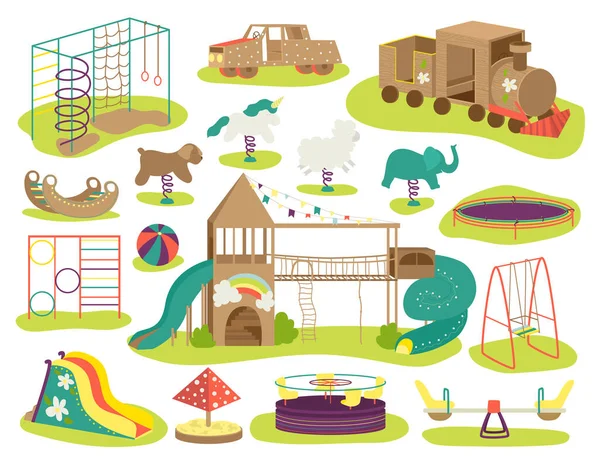 Çocuk parkı vektör çizimleri ayarlandı. Tahterevalli tahtası, salıncaklar, kum havuzu ve bank, atlıkarınca, çocuk kaydırağı, oyun evi. — Stok Vektör
