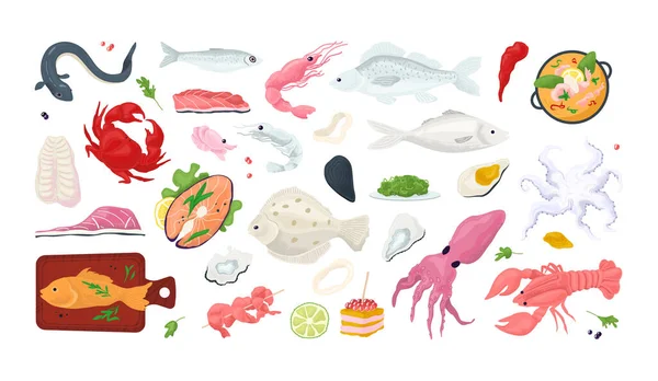 Seafood fish menu restaurant icons set with sea food, crab, shrimps, shell l isolated vector illustration. Shellfish, octopus, squid. — Stock Vector