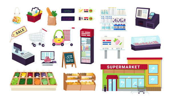 Супермаркет, продуктовый магазин, иконки продуктового рынка установлены на белых векторных иллюстрациях. витрины полки с фруктами, овощами.