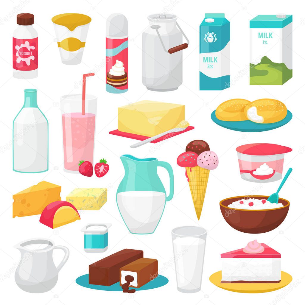 Milk and diary products food isolated on white vector illustrations set. Healthy cheese, milk bottles, ice cream, yohurt. Milky cream.
