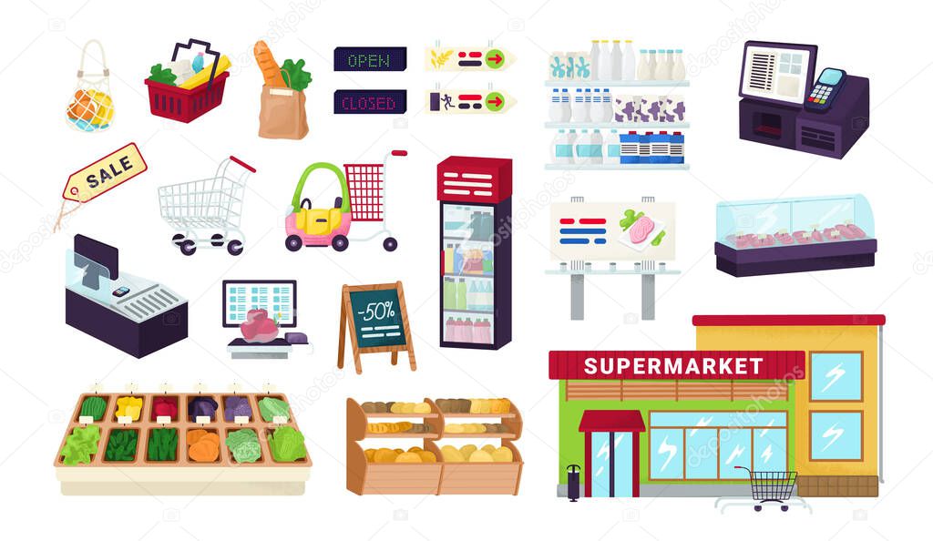 Supermarket, grocery store, food market shop icons set isolated on white vector illustrations. Showcases shelves with fruits, vegetables.