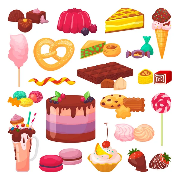 Süße Desserts mit isolierten Vektorillustrationen. Kuchen mit Sahne, Schokolade, Gebäck, Backwaren und Desserts, Donut, Cupcake, Makronen. — Stockvektor