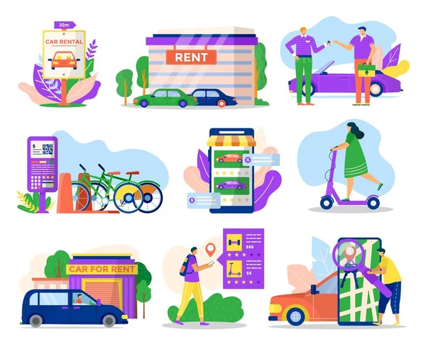 Şehir taşımacılığı kiralama hizmeti simgeleri vektör çizimleri seti. Kiralık araç taşıma bisikleti, jiroskop, scooter. Web için piktogramlar. — Stok Vektör