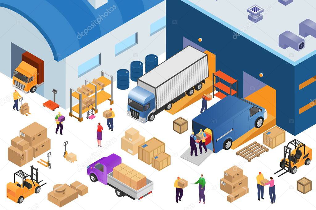 Isometric warehouse storage and industrial equipment, 3d vector illustration. Forklift carrying pallets with boxes, storehouse shelves.
