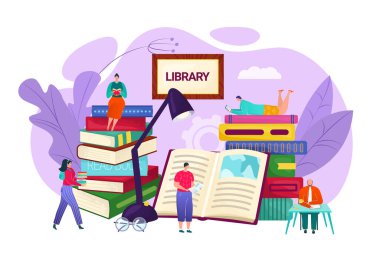 Kütüphane ve bilgi konsepti, vektör düz çizim. Kitaplıkta oturup kitap okuyan küçük insanlar. Eğitim ve öğrenim, öğrenim.