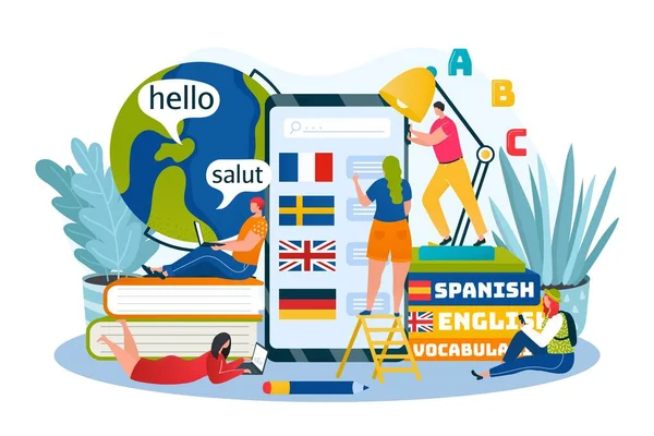 Språkinlärning, utbildning och fortbildning online vektor illustration. Utländska språk via internet, telefon app, ikoner för engelska. — Stock vektor