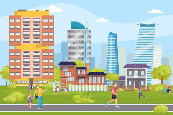 Modern buildings cityscape, people on streets, business center vector illustration.Constructions, skyscrappers of urban landscapes.