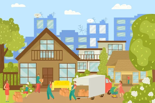 Persone traslochi casa, nuova casa e lavoratori che trasportano mobili, scatole di cartone illustrazione vettoriale. Persone felici nel nuovo cottage. — Vettoriale Stock