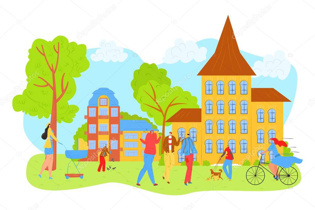 People walk in city park in summer, leisure and rest in nature with friends vector illustration. Mother with baby carrige, girl on bicycle.
