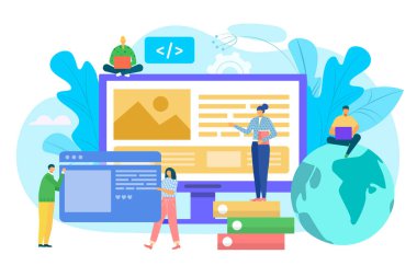 Web sitesi inşa konsepti, ui arayüz prototipi, web geliştirme vektör illüstrasyonu. Bilgisayarda web sitesi arayüzü oluşturan insanlar.