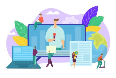 Çevrimiçi haber kavramı, internet bülteni ve web bilgileri, medya vektör illüstrasyonu. İş ve piyasa haberleri. Mali rapor.