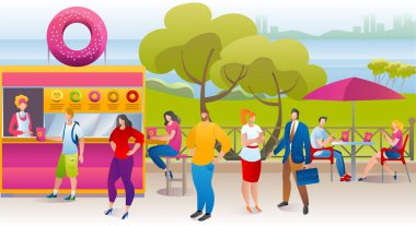Park Kafe 'deki insanlar, donut büfesi, sokaktaki tatlı yemek kamyonu illüstrasyonu. Yaz kenti yemek sokak festivali, açık hava fast food.