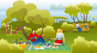 Parkta insanlar piknikte eğleniyor, tatil yapıyor ve yaz doğasında dinleniyor, yoga egzersizleri yapıyor, spor yapıyor, vektör çizimleri yiyor..