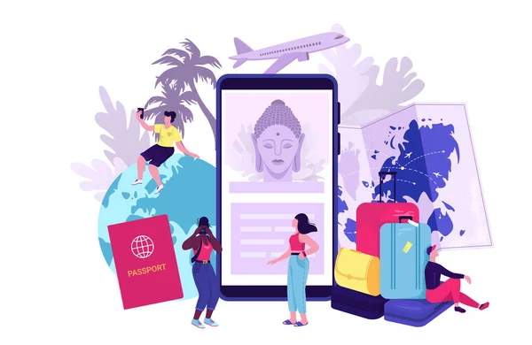 Reiseblog Konzept Vektor Illustration. Reisesymbole mit Flugzeugmodell, Smartphone, Flugticket, Reisepass und Globus. — Stockvektor