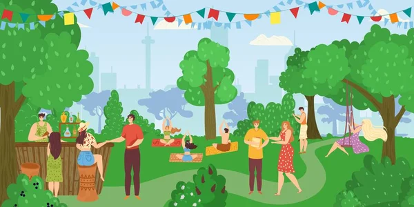 Personas en el parque, amigos juntos divertirse, ocio y descanso en la naturaleza de verano, hacer posturas de yoga y fitness, comer en el quiosco de alimentos vector ilustración. — Vector de stock