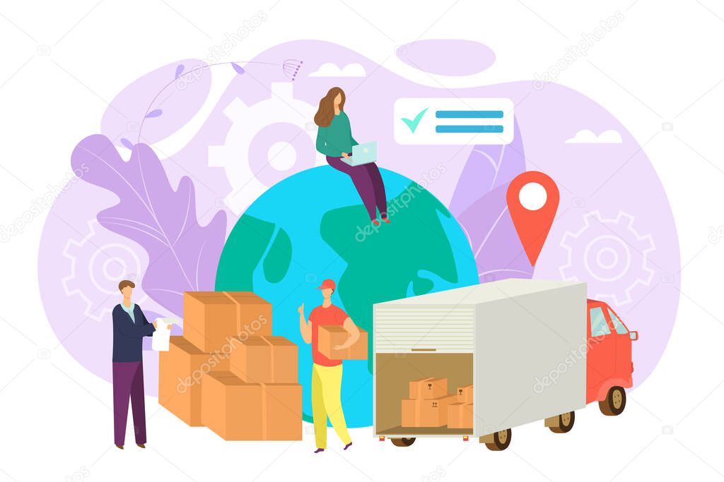 Worldwide shipping and delivery cargo service concept, vector illustration. Transportation worldwide, logistic, freight and truck with boxes.