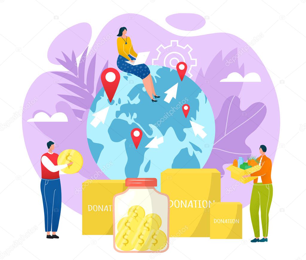 Goodwill concept, charity and donation vector illustration. People carrying money, donation boxes filled with used goods, clothing and food.