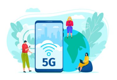 5g internet teknolojisi vektör illüstrasyonu. Küresel veri bağlantısı ve iletişim. Cep telefonlu insanlar büyük telefonlar etrafında oturuyorlar..