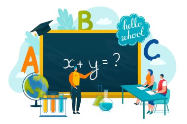 Okul konseptine dönersek, öğrenci okul sınıfı vektör illüstrasyonunda tahtaya tebeşirle yazı yazıyor. Çocuklar sınıfta öğreniyor. Bilgi..